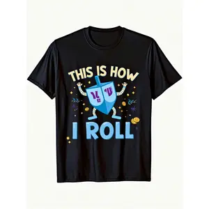 Fun This Is How I Roll Hanukkah T-Shirt for Teens Black Short-Sleeve Crewneck with Festive Menorah Design, Casual Summer Style, Festive Holiday Wear Humorous Tshirt Tshirt (3-13Y)