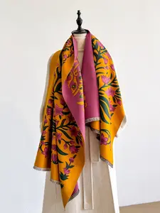 Women's Floral Pattern Raw Trim Shawl, Girlfriend Gifts, Imitation Cashmere Long Scarf, Casual Soft Warm Thick Double Sided Scarf for Fall & Winter, Fashion Accessories for Daily Wear, Floral Print Shawl