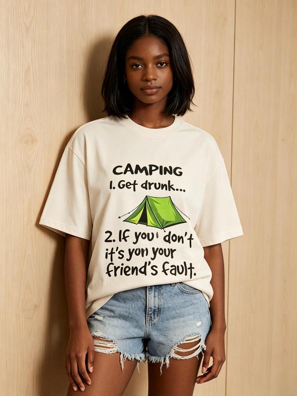 Women's Plus Size Oversized Crew Neck Short Sleeve T-Shirt - Pure Cotton Breathable Fabric, Casual Boho Beach Style, Humorous Camping "Get Drunk It's Your Friend's Fault" Print, Curvy Fit