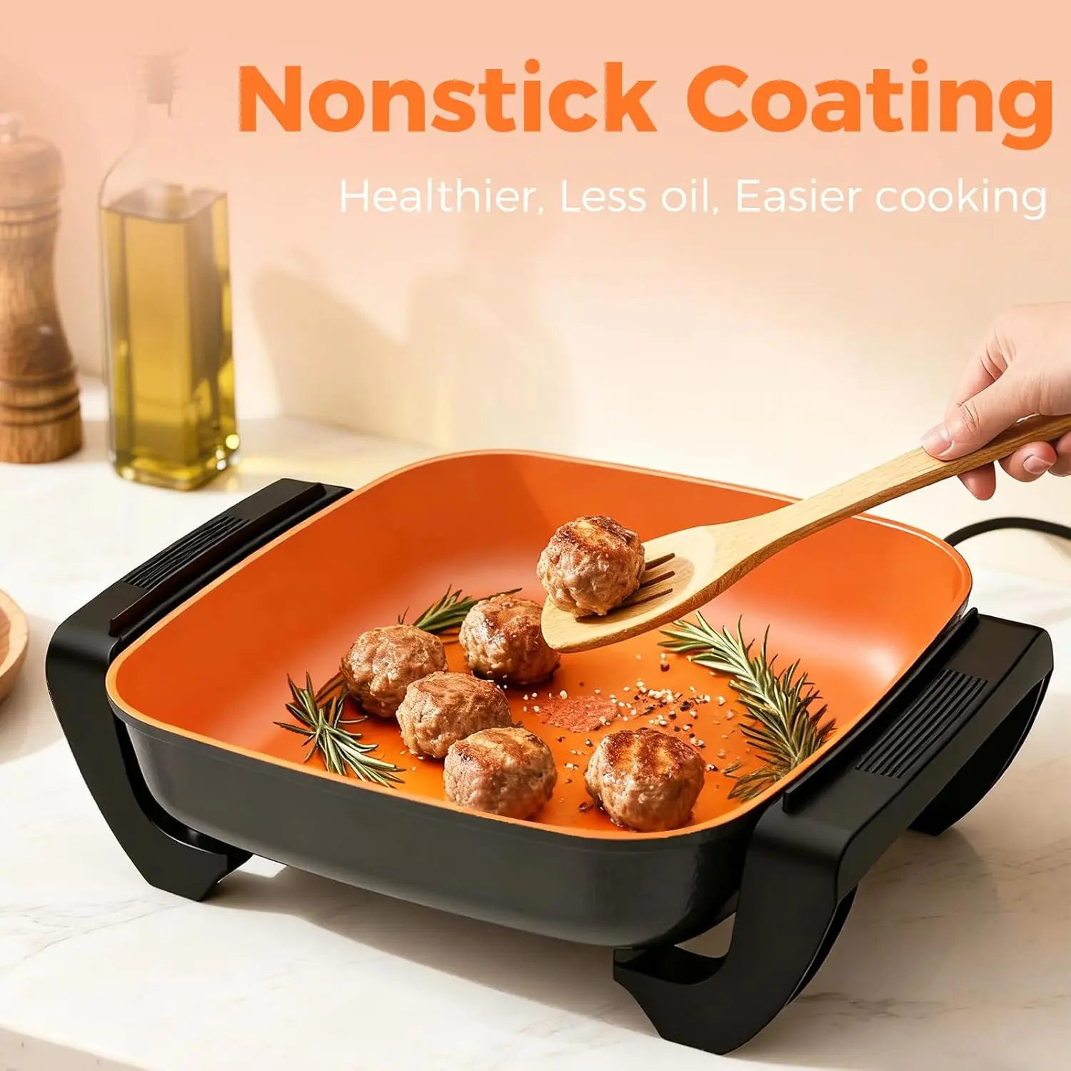 OSTBA 12x12 Inch Large Cast Aluminum Electric Skillet with Glass Lid, 1500W Copper Nonstick Frying Pan for Family & Parties, Cool Touch Handles, Adjustable Temperature, PTFE & PFOA Free