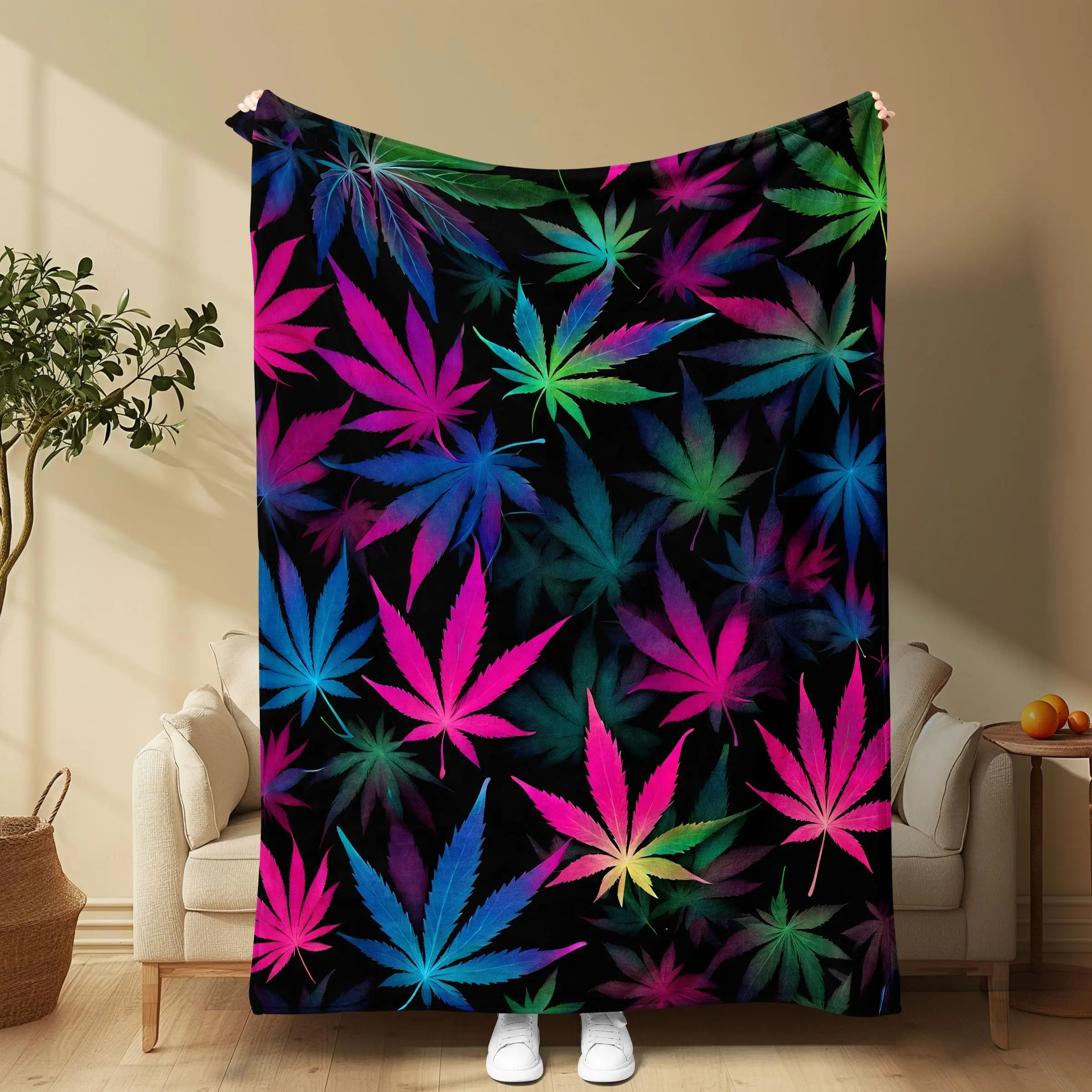 Marijuana Leaf Pattern Blanket, Soft Comfortable Throw Blanket, Cool Bedroom Bedding Blankets, Warm Fabric Napping Blanket for Home Office Travel Camp