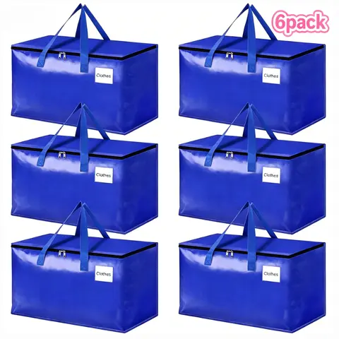 6-Pack Blue Heavy-Duty Polypropylene XXL Storage Bags, 93L/28.7x14.2in Capacity, Waterproof, Wide-Open Zip, Visible Labels, Wrap-Around Handles, Wiped With Water, Storage Organization Solution for Garage, Clothing & Home Essentials