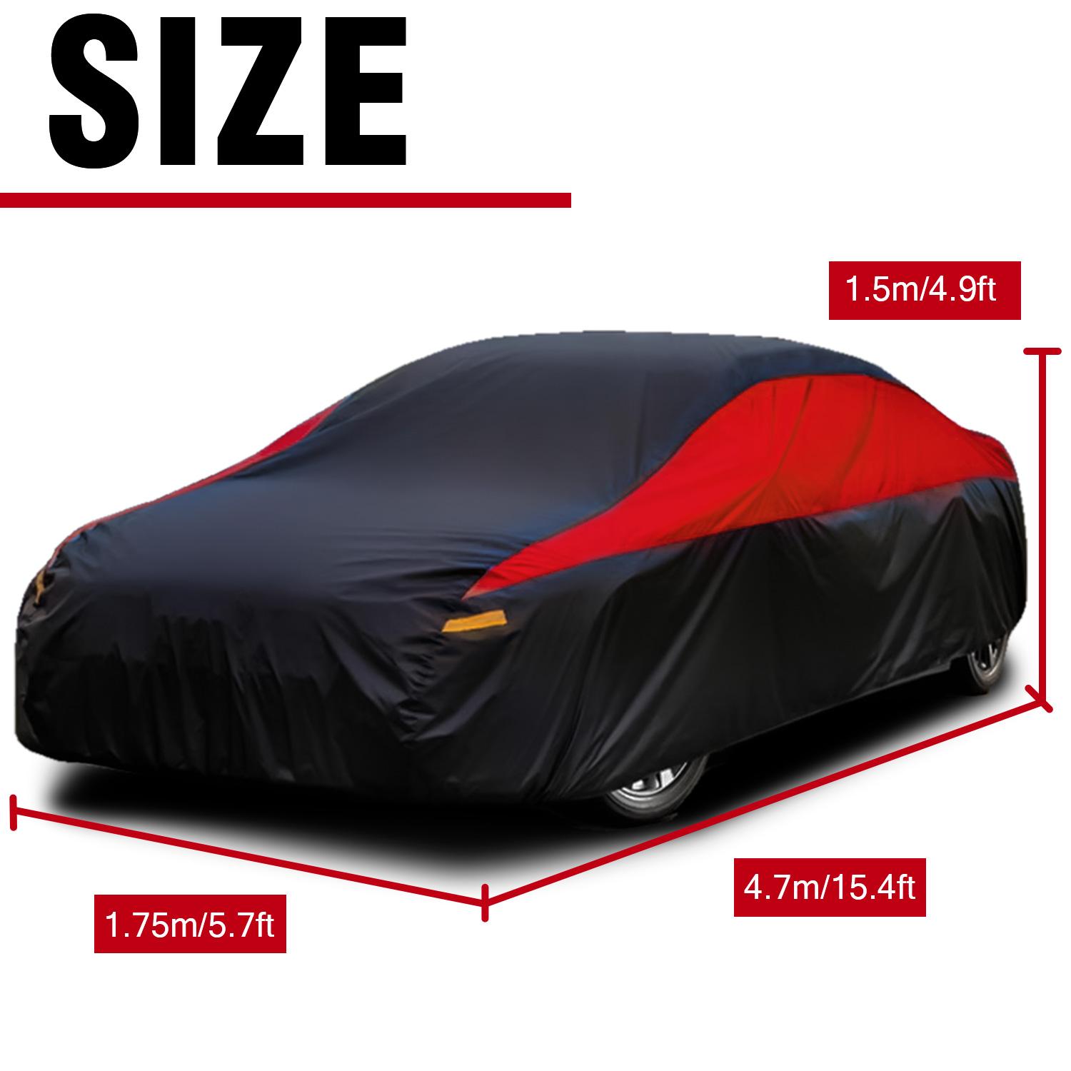 Universal Car Cover for Sedan - UV Protection, Waterproof, Breathable, Scratch-Resistant, Black and Red, Suitable for Outdoor Parking Strap, All Weather Industrial