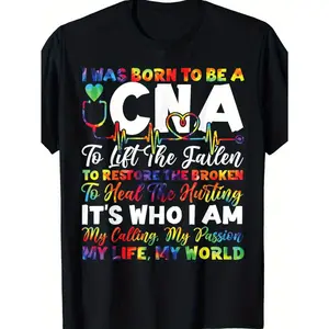 High-Quality Cotton CNA T-Shirt for Nursing Assistants - Crew Neck, Casual Knit Fabric with Stretch, Regular Fit, Patterned Design with Nursing Graphics, Washed Material, Random Print Tops for Healthcare Professionals