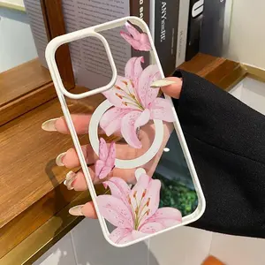 Magnetic Phone Case Compatible with iPhone 16 15 14 Pro Max 13 12 11 XR XS Plus E Chic Lily Charm Pattern Hard Acrylic Back Soft TPU Edge Shock-resistant Cover