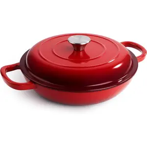 DenverShoppers-3 Quart Enameled Cast Iron Braiser, Non Stick Enameled Cast Iron Skillet with Lid, Dutch Oven Skillet with lid up to 500°F for Oven, Stove, Grill, Shallow Dutch Oven for Cook, Bake (Red)