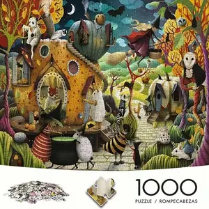 Adult Mini Puzzle Box (1000-Piece), Witch Gingerbread Village, High-Quality Stress Relief Game, DIY Home Decor, Creative Gift Idea