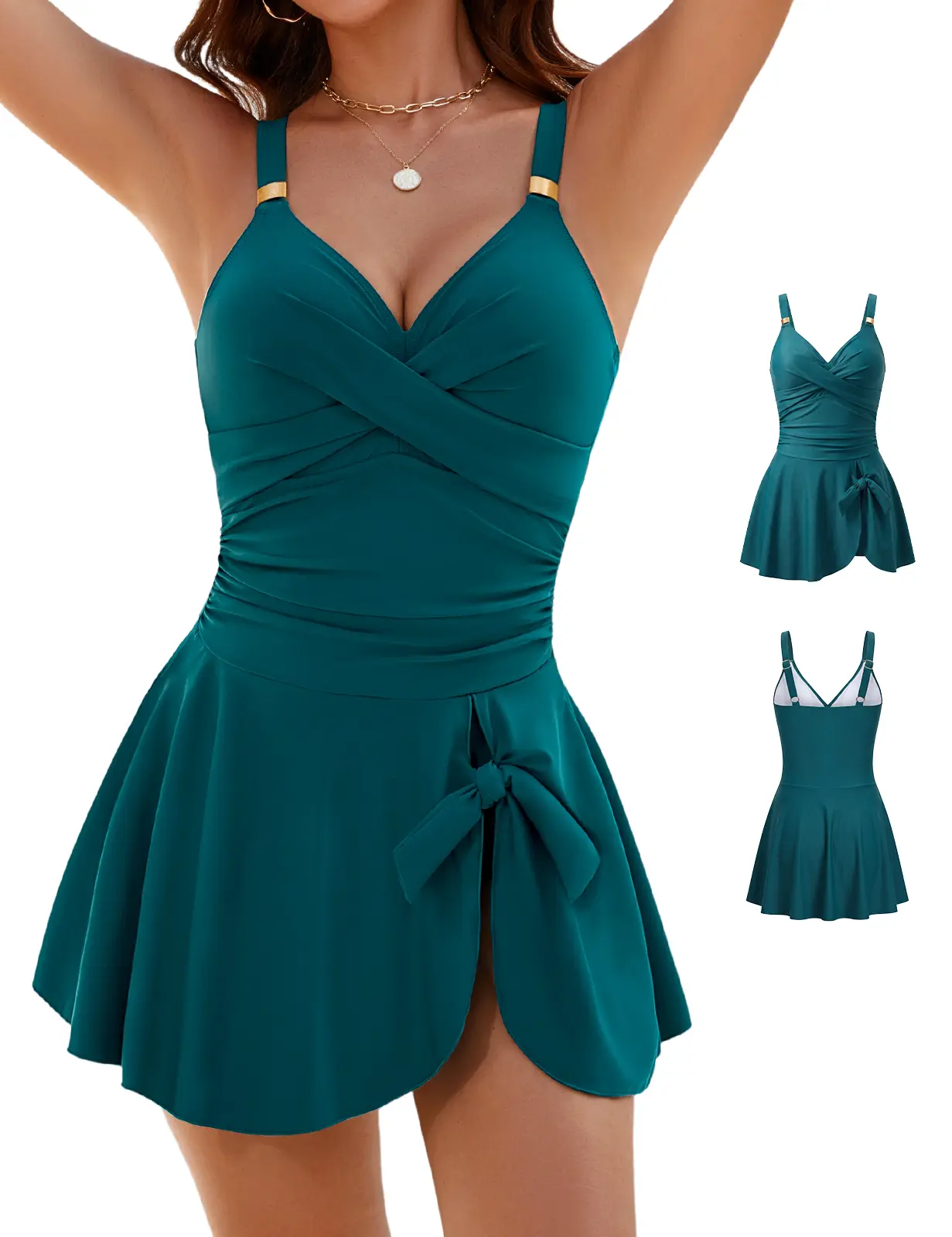 Womens Tummy Control Swimwear One Piece Skirted Swimsuit V Neck Adjustable Shoulder Straps Swimming Dress