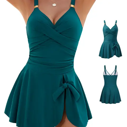 Womens Tummy Control Swimwear One Piece Skirted Swimsuit V Neck Adjustable Shoulder Straps Swimming Dress Beach Swimwear Clothes Skirt Style Swimdress   Beach Party Swimsuit  Beach Party Swimsuit