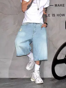 Vintage Y2K Distressed Baggy Denim Jorts for Men, High Quality Versatile Loose Wide Leg Low Rise Raw Hem Cotton Bermuda Shorts with Pockets Casual Summer Streetwear