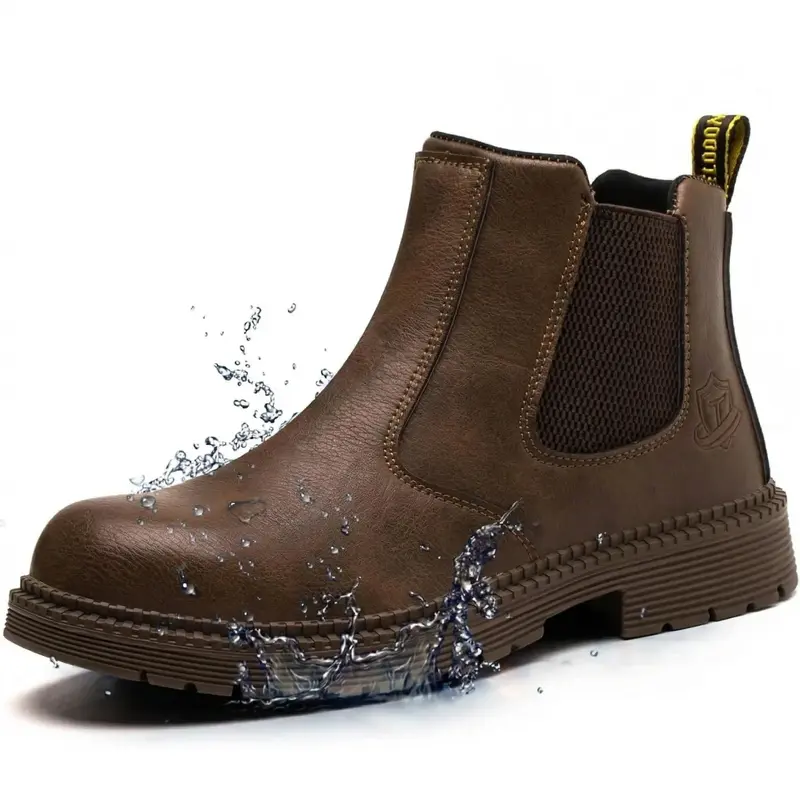 Men's 6-Inch Waterproof Steel Toe Leather Slip-On Safety Work Boots - Brown Closed-Toe, Durable for Industrial Construction, Worker, Cuban Men's Shoes, Non-Slip Shoes for Work