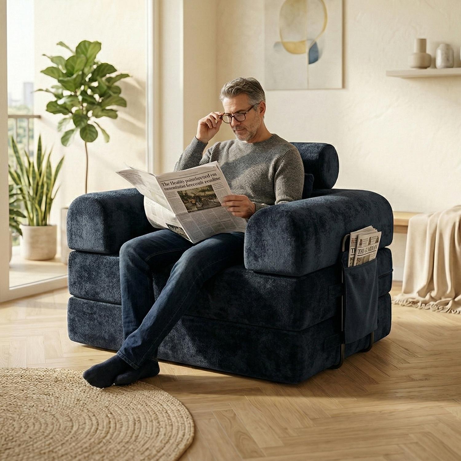 Deep seated single person modular living room bedroom convertible folding sofa bed, comfortable and soft corduroy fabric boneless and installation free with fixed frame design