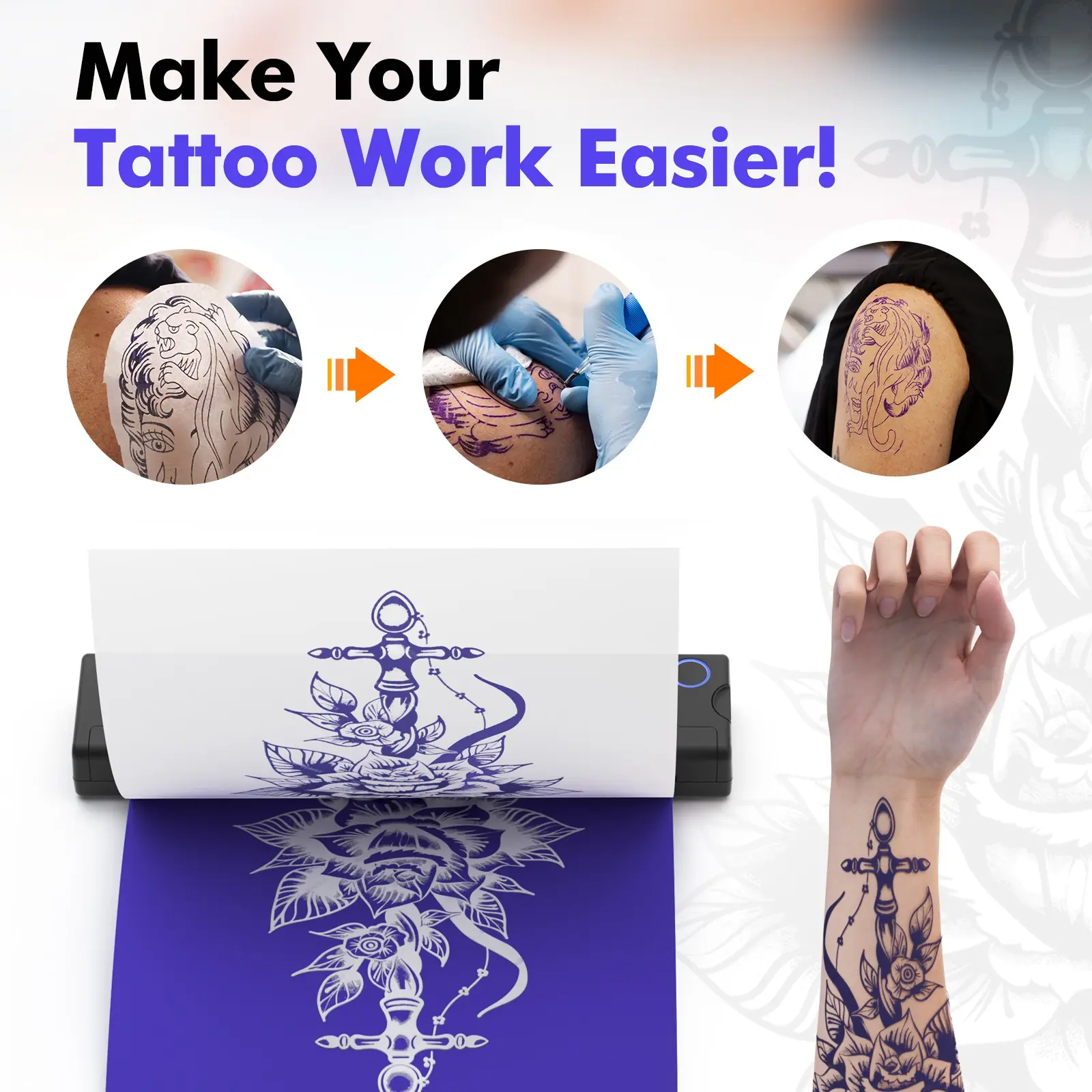 A4 Size Thermal Tattoo Printer, Inkless Printer, Ideal for Tattoo Work, File Printing, Label Printing, Wireless Bluetooth-compatible + USB Connection