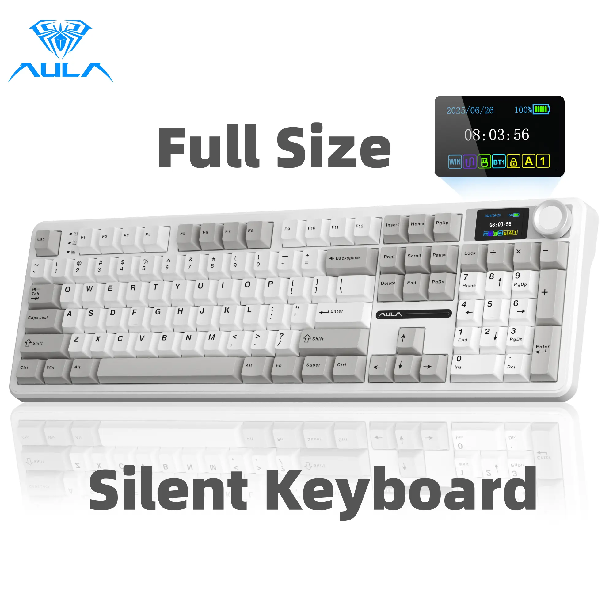 [Silent]AULA F108 Pro Silent Wireless Mechanical Keyboard, Full Size Keyboard with Smart TFT Display & Knob, Tri-Mode BT/2.4G/USB-C, Hot Swappable, Pre-Linear Switches, PBT Keycaps, RGB Backlit, White Gray Quiet Office Keyboard for PC Mac Laptop