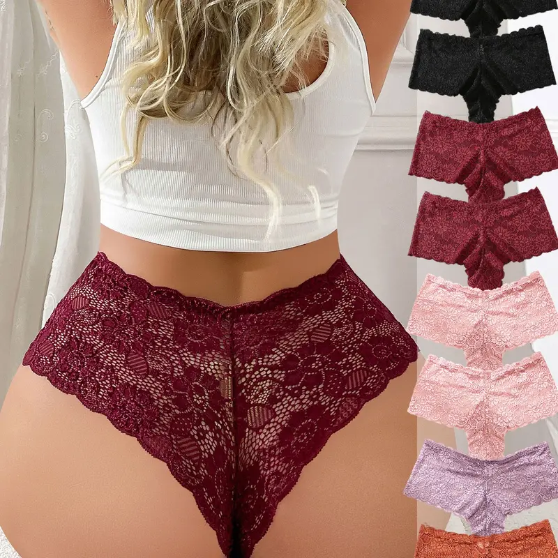 8 Pieces Plus Size Women's Sexy Lace Thong Panties, Breathable Comfortable High Waisted Panty Elegant Underwear with Floral Design, All Seasons Fit, Sheer Trim Lace Panty
