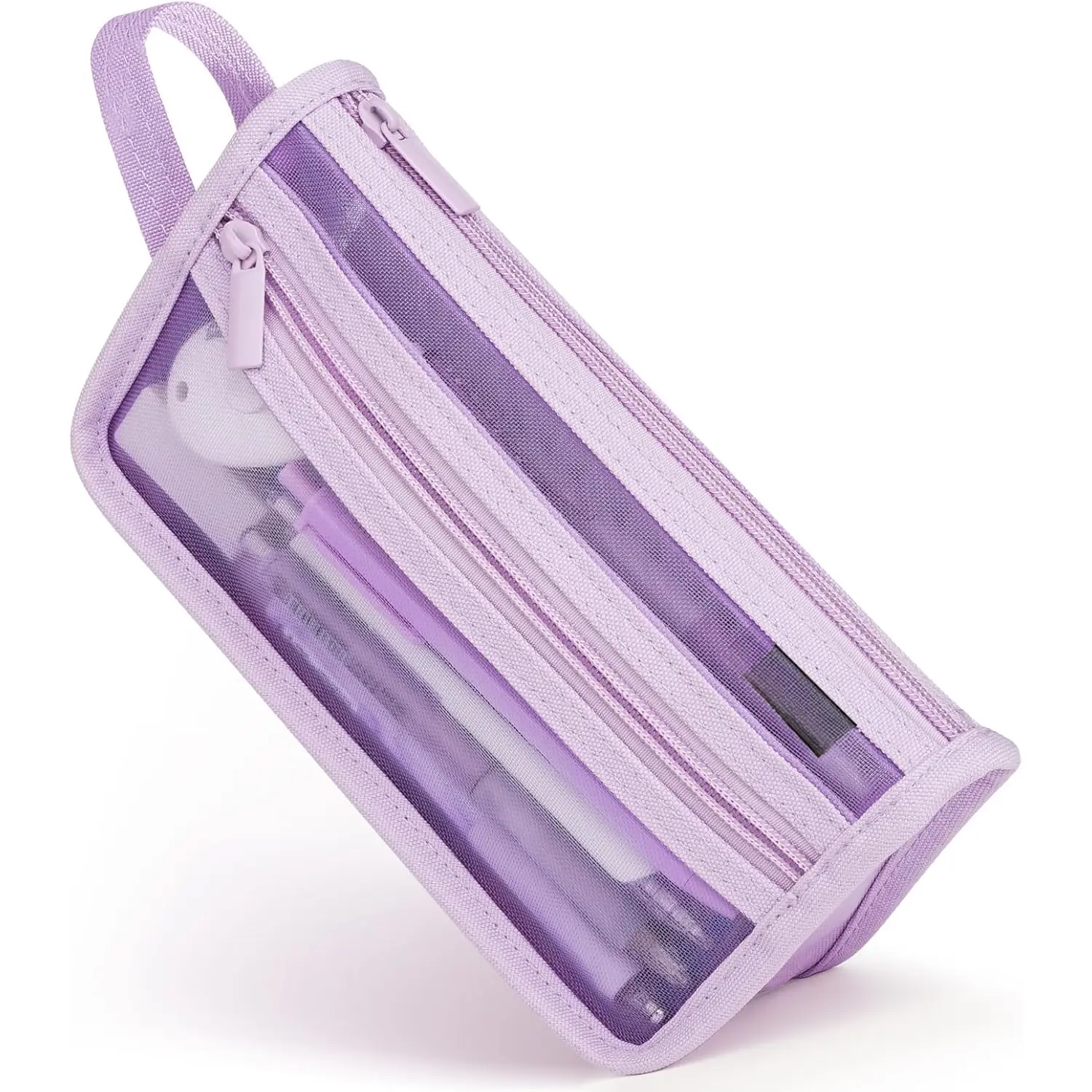 Grid Mesh Pencil Case with Handle and Zipper, Clear Double-layer Pencil Pouch Marker Pouch, Travel Makeup Bag, Cute Transparent Stationary Organizer Pen Bag for Adult Office College