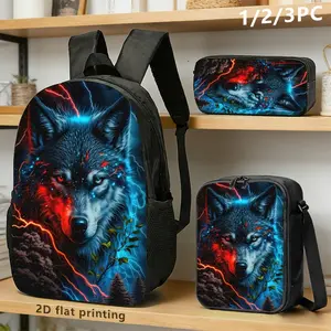 3pcs  Electric Wolf Head Print Backpack & Crossbody Bag with Pencil Case Suitable for Commuting, Travel, Tech Gear Storage, Bold Futuristic Wolf Design, Hand Washable for Parties,, Daily Use - Electric Wolf Head Print