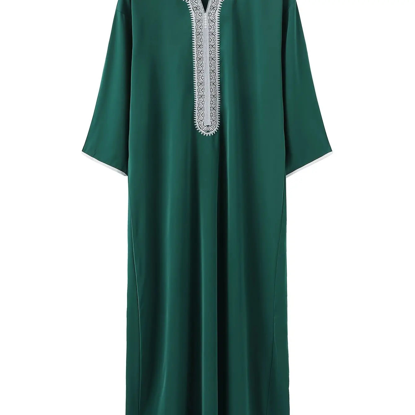 Men's Middle Eastern Thawb - Long Sleeve Polyester Robe with Embroidery, V-Neck, Solid Green, H-Type Fit, All-Season Wear, Allseason Thawb |   Classic Arabic Robe |   Woven Texture