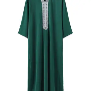 Men's Middle Eastern Thawb - Long Sleeve Polyester Robe with Embroidery, V-Neck, Solid Green, H-Type Fit, All-Season Wear, Allseason Thawb |   Classic Arabic Robe |   Woven Texture