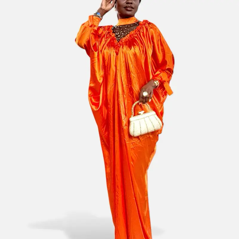 Maxi Dress Kaftan Style - Vibrant Orange Abaya with Elegant Draping and Stylish Accessories Womenswear Long Sleeve Casual
