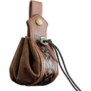 Vintage Medieval Faux Leather Drawstring Pouch, Middle Ages Portable Coin Purse, Rivets Belt Pouch Dice Bag For LARP Ren Faire (Brown A)