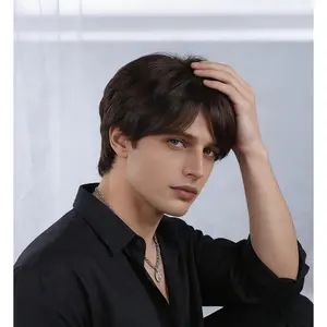 Pixie Cut Short Under layer Haircut Middle Part Wig with Bangs Glueless Layered Synthetic Hair Wigs for Women Men Daily Wear Natural Looking Brown Black