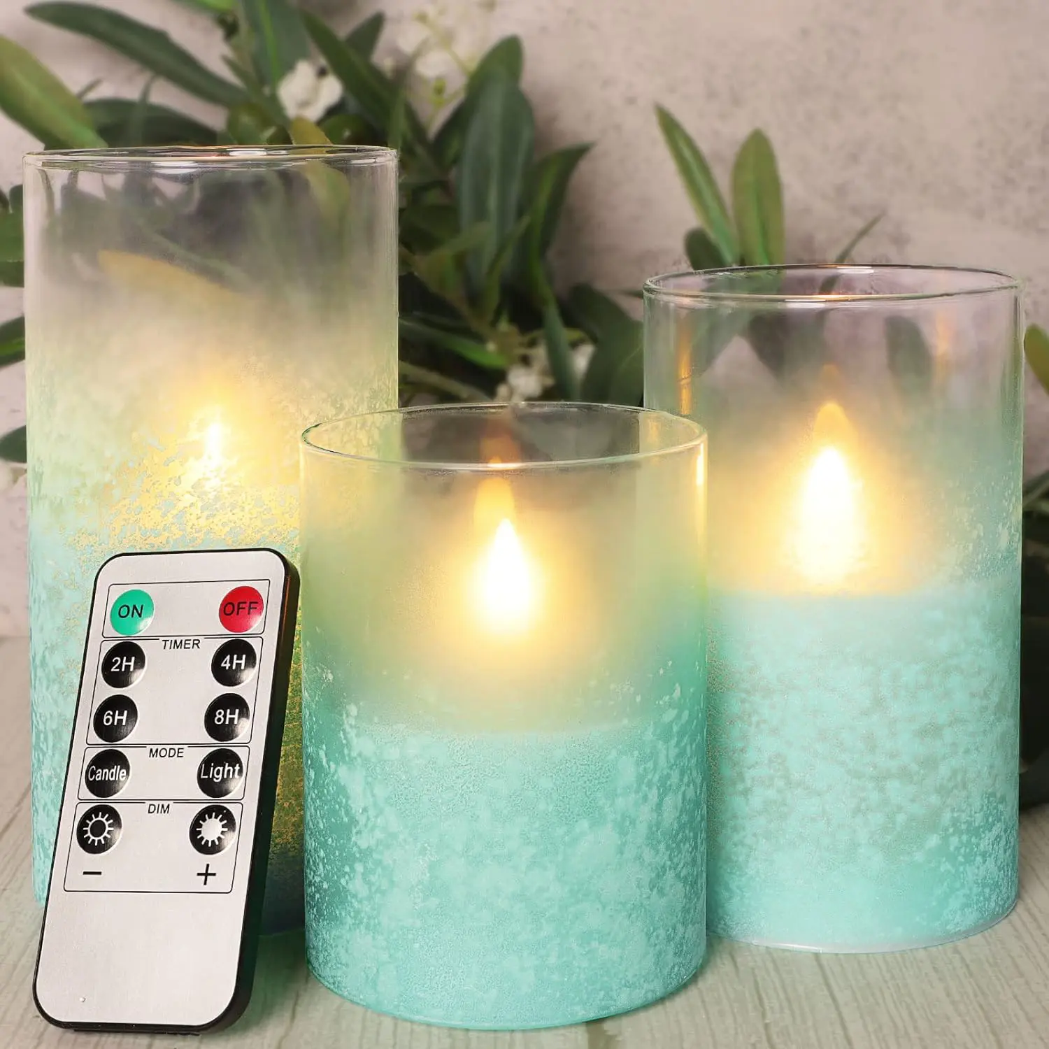 Blue Flameless Candles with Remote Aqua Glass Handmade Sandblast Battery Operated Candles Flickering Decorative LED Pillar Candles for Home Bathroom Coastal Theme Wedding Decorations