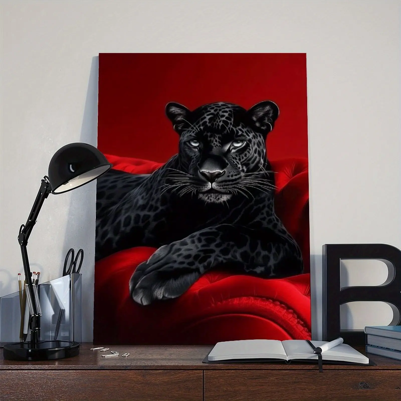 2D Flat, 1pc Wooden Frame Wall Art - Black Leopard on Red Sofa Canvas Print, Modern Classic Art Deco Vertical Wall Decor with Hook Installation, Bold Animal Print Wall Arts, Leopard Brown Print Wall Arts