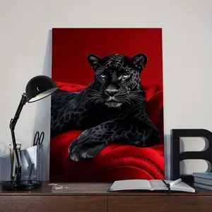 2D Flat, 1pc Wooden Frame Wall Art - Black Leopard on Red Sofa Canvas Print, Modern Classic Art Deco Vertical Wall Decor with Hook Installation
