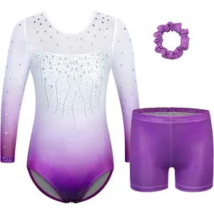 Gymnastics Leotard for Girls with Shorts Set 3/4 Sleeve Kids Shiny Practice Dancewear