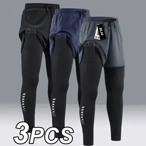 3PCS Men's 2-in-1 Workout Shorts With Pocket Active High Stretch Compression Pants For Fitness Breathable Sporty Bottoms Elastic Waist Leggings