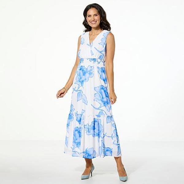 Nina Leonard Printed Chiffon Smocked Waist Maxi Dress