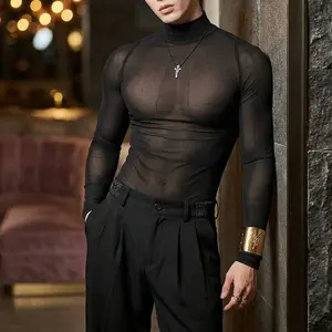 INCERUN Mens All-Season Solid Color Turtleneck Long Sleeve T-Shirt Sexy Slim Fit Sheer Mesh Base Layer Tops for Nightclub Party Layering