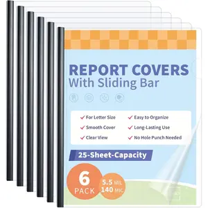 Binditek 6 Pack Clear Report Covers with Sliding Bars, 25 Sheet Capacity, 5mm Binding Bars, Letter Size, 5.5 Mil Thick, Black, for Students and Coworkers