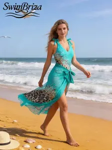 Briza｜Tie Shoulder One Piece Swimsuit In Turquoise Leopard Mesh Wrap Skirt, A Bathing Suit Fancy Look And Vacation Swimwear For Women Pick, Cute Swimsuits For Women And Bathing Suits For Women With Swimsuit Cover Up For Women Ease