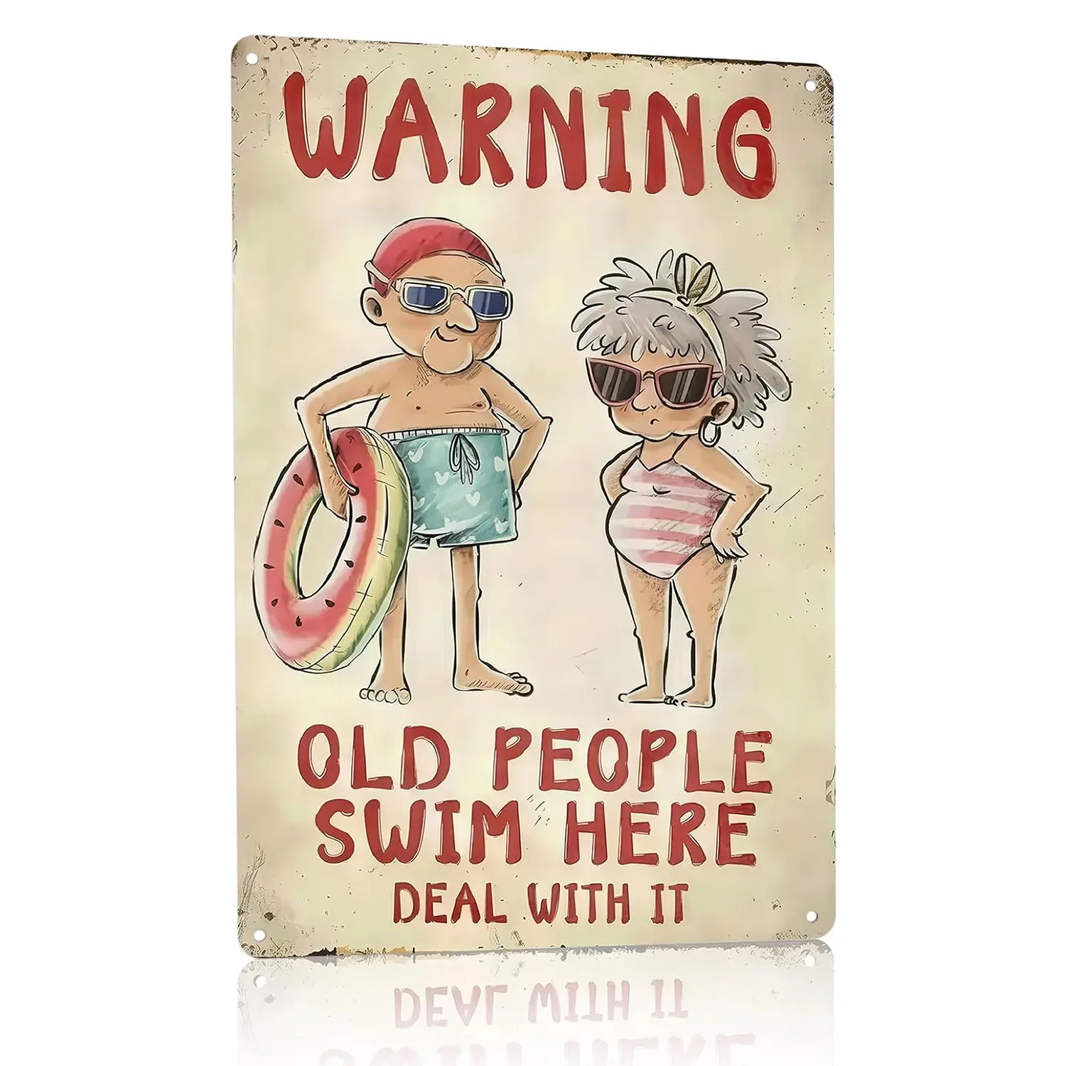 Funny Metal Pool Sign "Old People Swim Here" - Vintage Rustic Wall Decor for Pool, Patio, Humorous Outdoor Sign with Retro Design and Playful Characters, Summer Artwork Decor,Unique Fathers Day Gag Gift for Retired Men