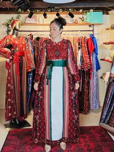 TALA JAZZY Original Majdalawi Thobe with Red Fallahi Tatreez Matching Headpiece & Belt for Women's Occasion Wear