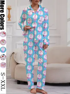 Women's Christmas Pajama Set Loungewear, Casual Cartoon Style Snowflake Santa Gingerbread Prints, Long Sleeve Lapel Top & Elastic Pants