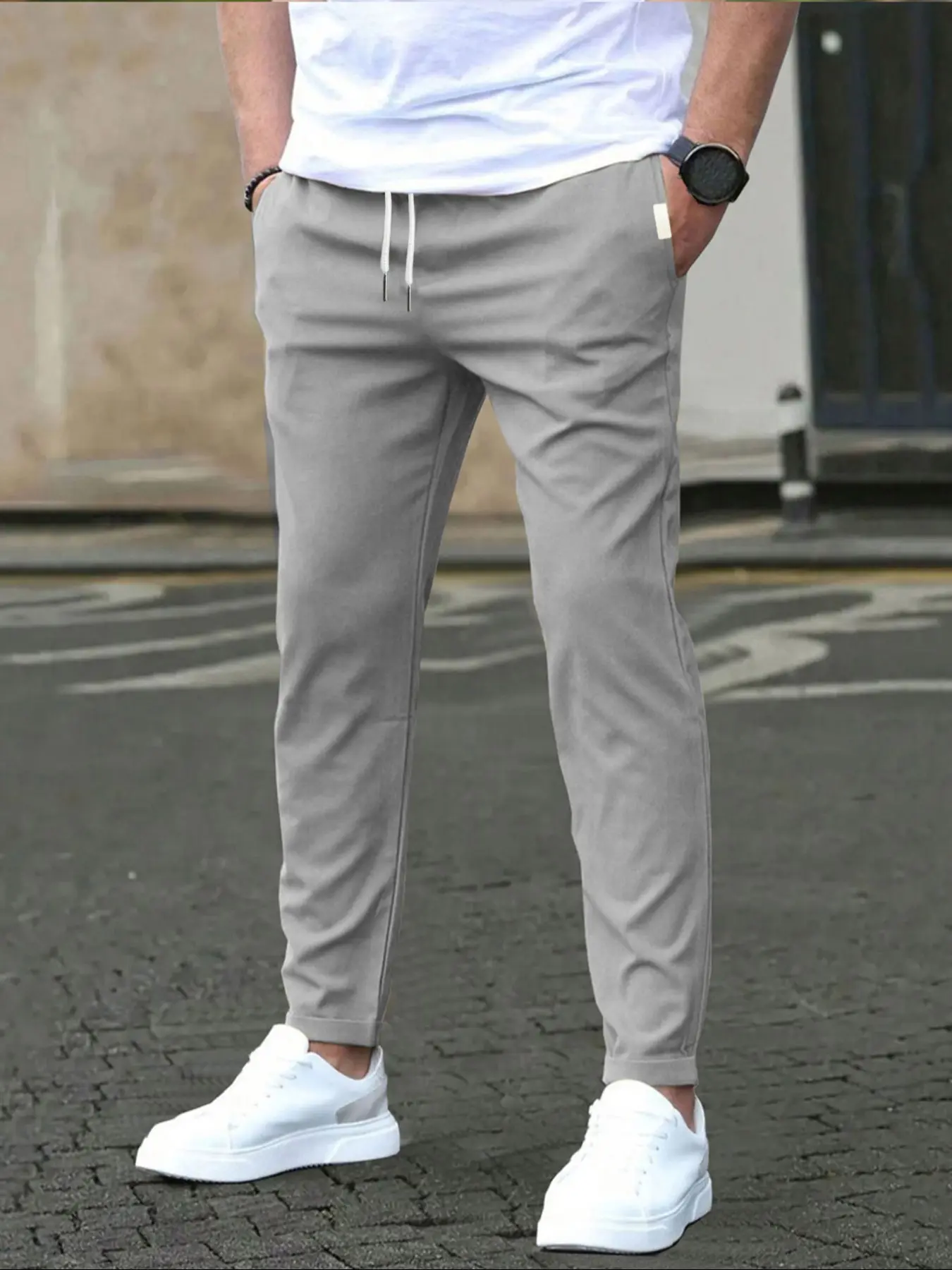 Men's Solid Color Adjustable Drawstring Waist Pants with Side Pockets, Casual Fitted Trousers for All Seasons, Comfortable Everyday Wear, Casual Minimalist Trousers