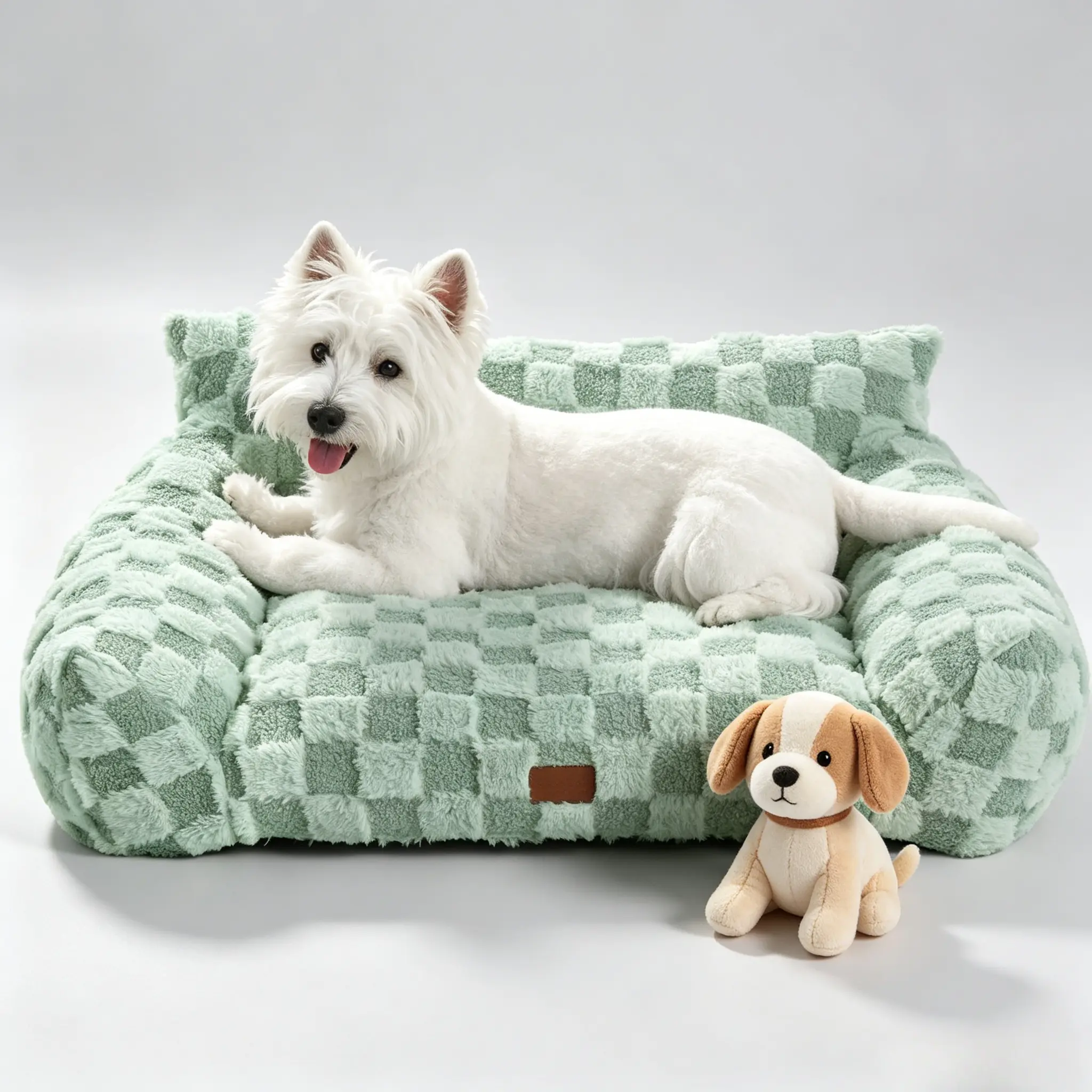 Soft sage green checkered dog couch bed, fluffy plush pet sofa with raised bolsters for cats and small dogs