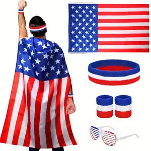 5pcs/set American Flag Cape Cloak Costume, Retro 80's USA Shuttered Glasses, American Flag Blue White Red Headband and Wristband for 4th of July Independence Day Celebration for Men Women, Halloween Party Costume