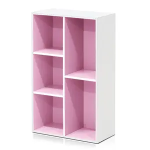 LUDER Bookcase, 5-Cube Bookshelf, Reversible Bookcase, 9.4 x 19.5 x 31.5, for Living Room Bedroom Home Office, White/Pink
