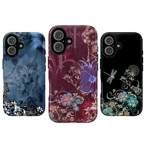Whimsical Grunge Floral Cellphone Case - Protective Polycarbonate Shell, Durable Shockproof Cover for iPhone 11/12/13/14/15/16/17 ProMax Plus, Moody Blue & Burgundy Aesthetic, Camera-Safe Unisex Whimsical Accessories Gift