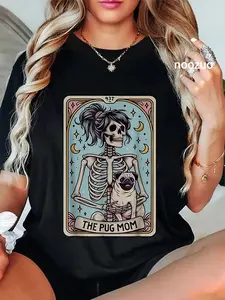 100% Cotton Retro Funny The Pug Dog Mom Tarot Card Skeleton Halloween T-Shirt