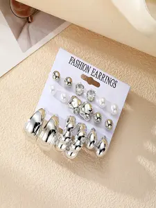 Silver Color Twist Pearl Rhinestone Irregular Earrings Set, Earring Stacking Set, 9 Pairs Fashion Elegant Women Daily Ear Cuff Jewelry