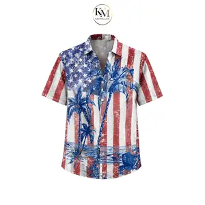 Kaymaluxe Men’s American Flag Short-Sleeve Casual Hawaiian Shirt - Patriotic Tropical Button-Up, Summer Beach Vacation Outfit