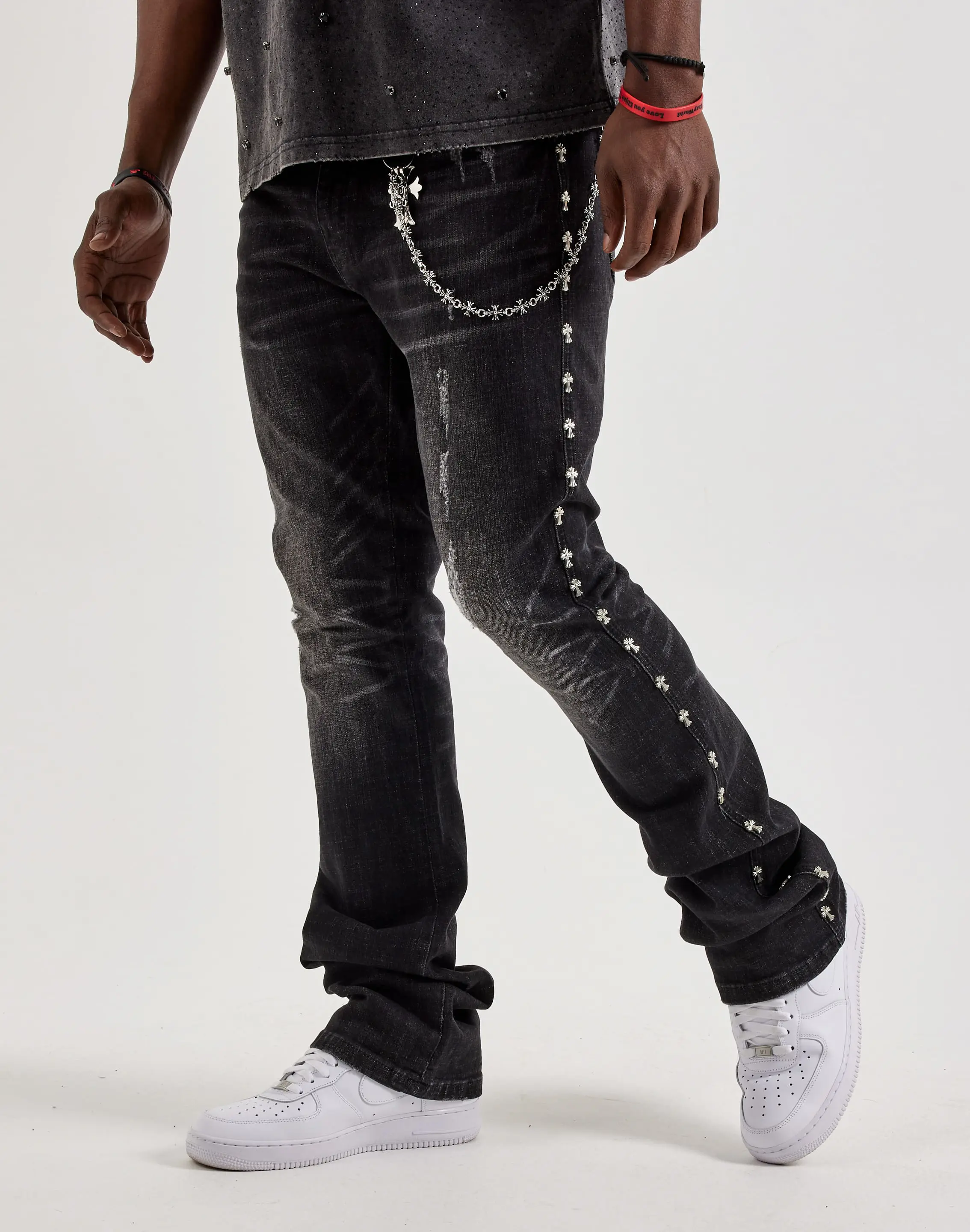 Mens Kilogram Silver Cross Chain Rivet Stacked Denim Jeans