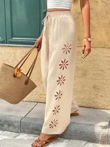Elegant Women's Summer Pants, Loose, Baggy, Adjustable Drawstring Design, Solid Color, Hollow Out Style, Casual Fashion, Perfect for Spring and Summer