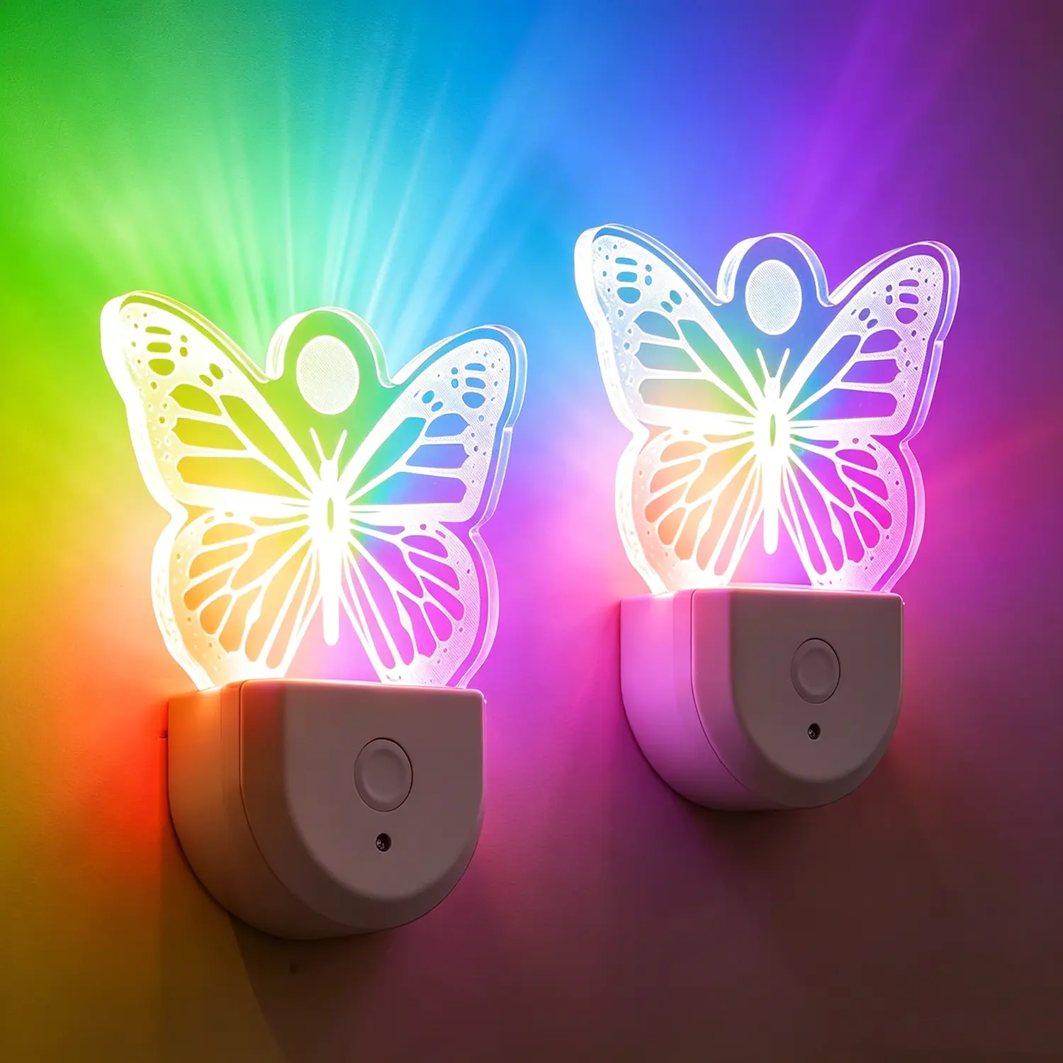 2 RGB Color Changing Butterfly 3D Illusion LED Acrylic Nightlights - AC Power Supply, Auto Shut-Off, Sensor On/Off, Aesthetic Wall Plug-In Indoor Decoration for Women’s Bedroom, Gaming Desk, Teen Girls