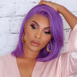 [Special Deal] OQ HAIR Purple Color 13x4 Lace Front Short Bob Wigs Pre Plucked 180% Density Straight Human Hair Wig 10 Inch